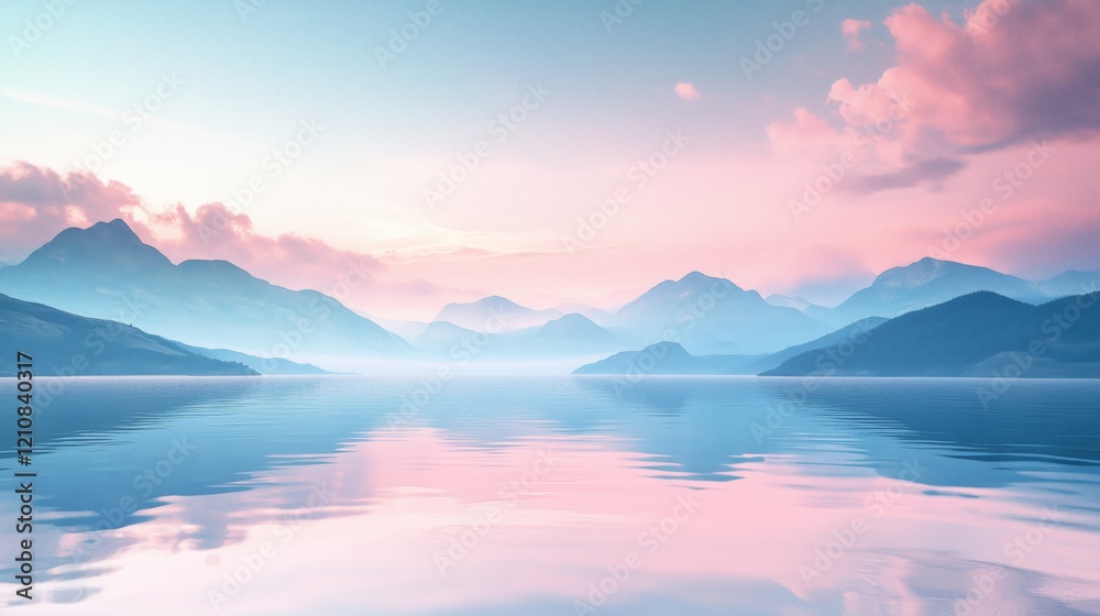 Obraz premium 3d render, abstract landscape background. Panoramic scenery. Seascape with calm water and mountains under the pink blue sky, fantasy wallpaper
