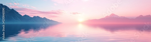Wallpaper Mural 3d render, abstract landscape background. Panoramic scenery. Seascape with calm water and mountains under the pink blue sky, fantasy wallpaper Torontodigital.ca
