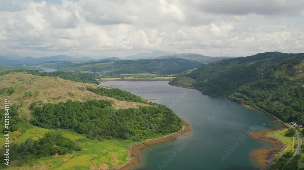 Ardentallen Bay, Loch Feochan and Feochan Bheag River from a drone, Feochan Glen, Oban, Argyll and Bute, West Highlands, Scotland Ardentallen Bay, Loch Feochan and Feochan Bheag River from a drone, Feochan Glen, Oban, Argyll and Bute, West Highlands, Scotland