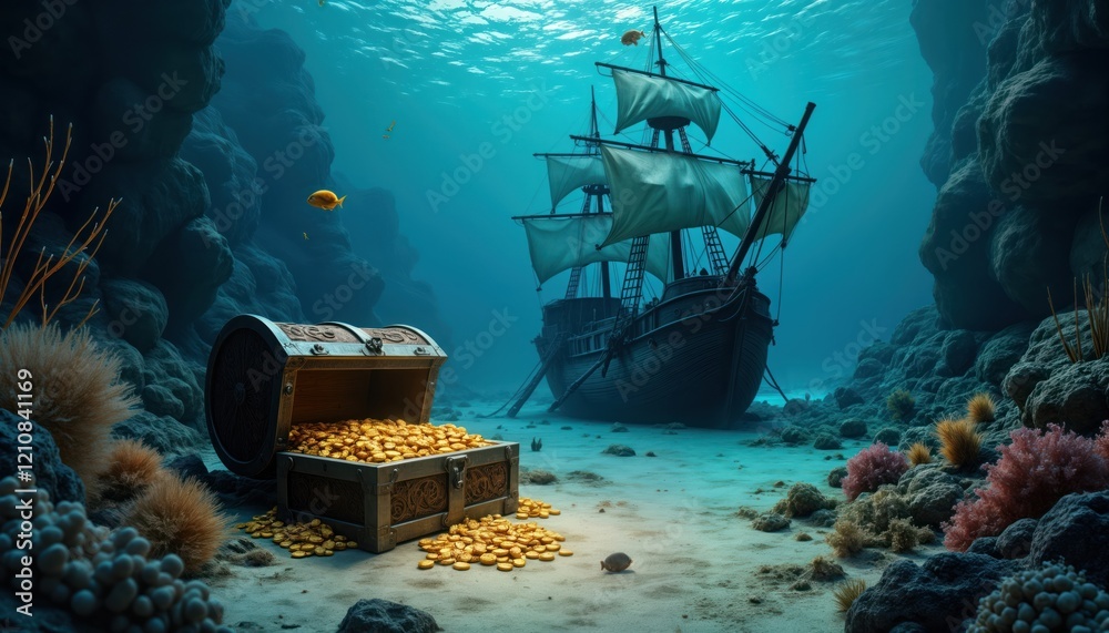 Fototapeta premium Sunken pirate ship rests on ocean floor. Treasure chest filled gold coins sits near. Underwater scene aquatic life, marine creatures. Coral reefs surround wreck, riches. Adventure, discovery theme.