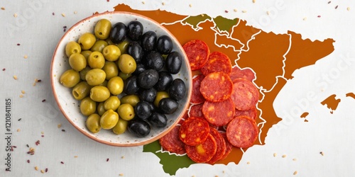 Plate of olives and sliced chorizo on a map of Spain highlighting culinary traditions and flavors photo