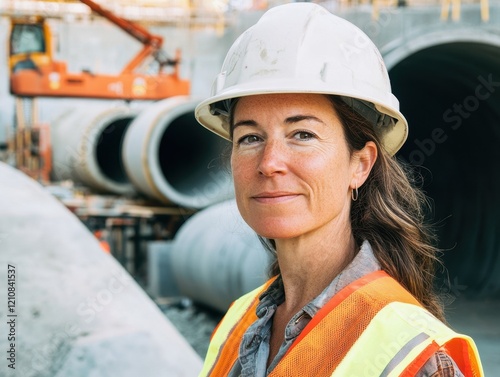 Woman in Hard Hat at Construction Site with Pipes