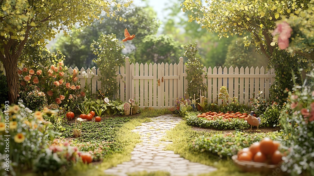 Obraz premium A Sunny Garden Path Leads To White Gate