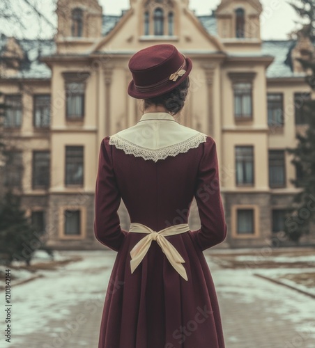 A woman dressed in a maroon dress featuring a decorative collar stands with her back to the viewer, set against a backdrop of a snowy landscape and a stunning building.