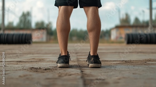 Rear view of muscular male legs in athletic shoes standing on outdoor ground.