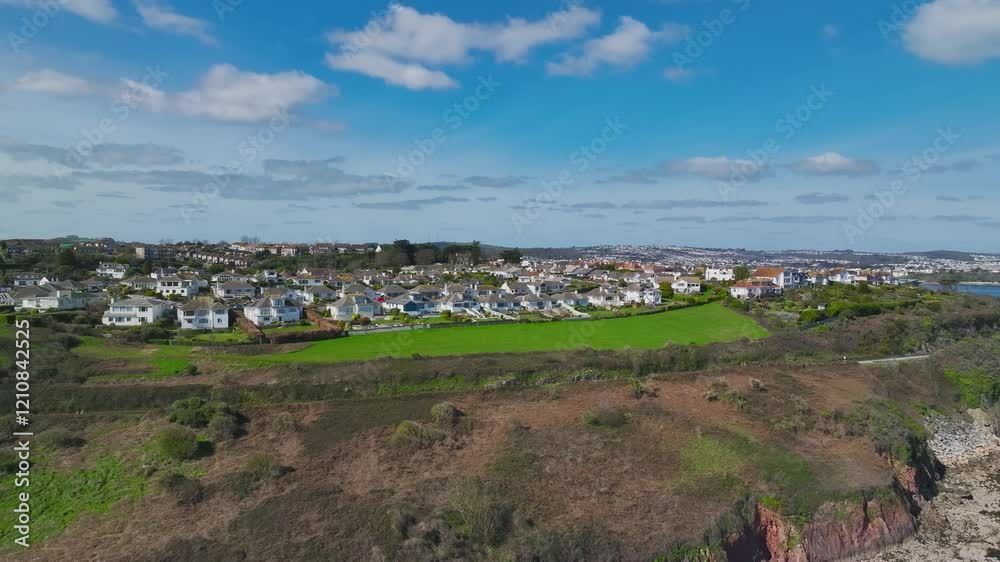 Armchair Cove and Broadsands Beach from a drone, Paignton, Devon, England Armchair Cove and Broadsands Beach from a drone, Paignton, Devon, England