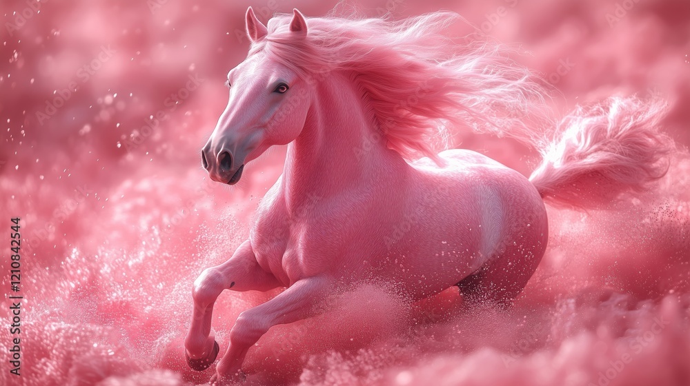 Naklejka premium Majestic Pink Horse Galloping Through a Dreamy Landscape