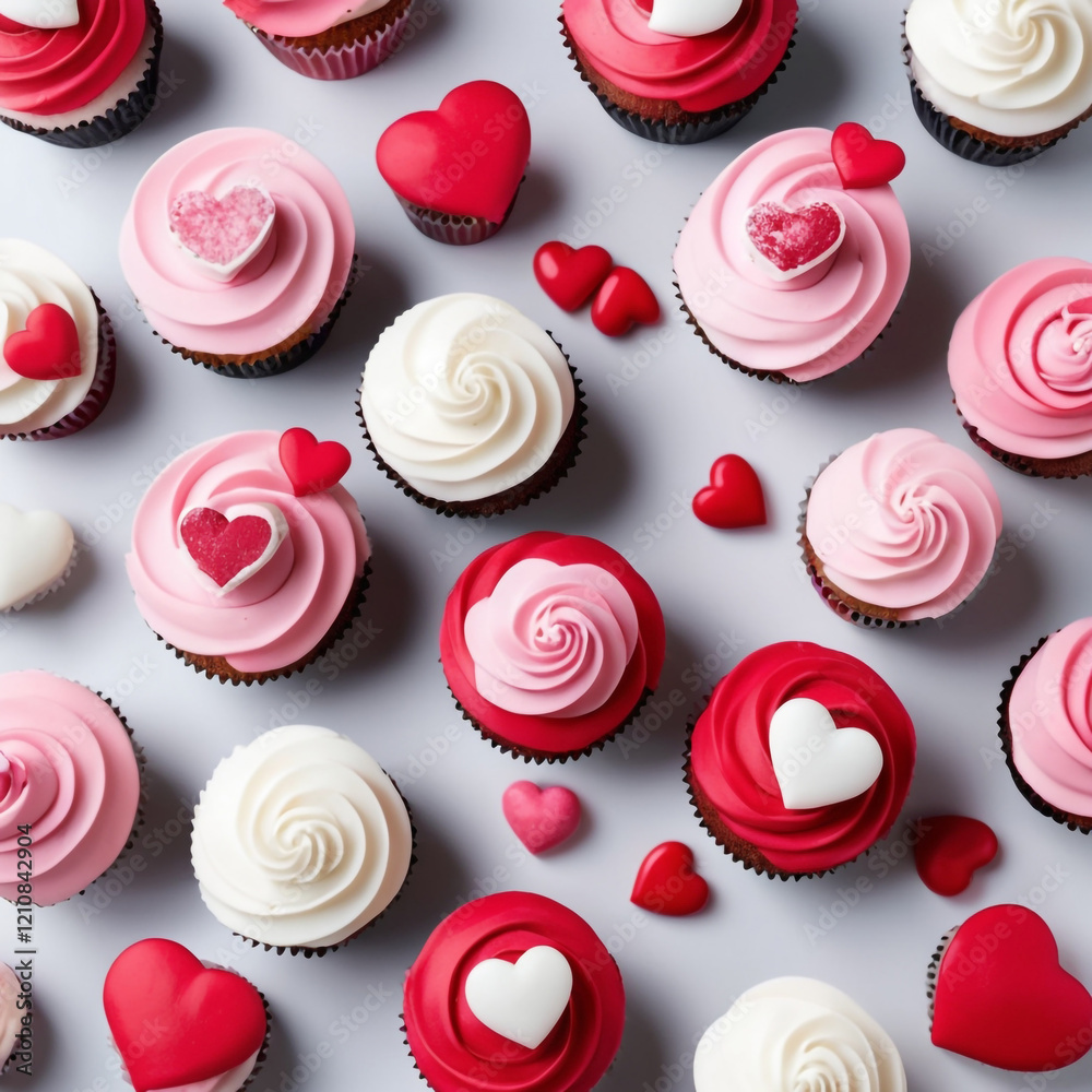 Valentine cupcakes with red, white and pink icing, decorated with hearts and sprinkles