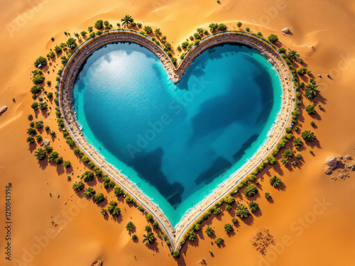 Heart-shaped oasis amidst desert landscape.