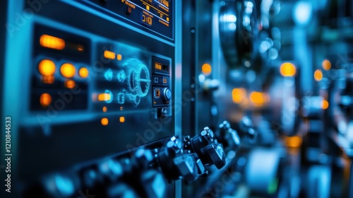 Futuristic control panel showing a rotating 3d image and data analysis. Possibly related to engine or turbine diagnostics. In a high tech manufacturing plant with blurred machinery in the background