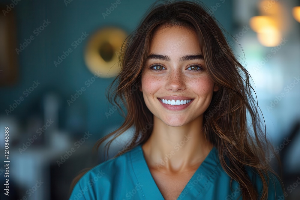Fototapeta premium confident female orthodontist in modern clinic wearing teal scrubs warm professional lighting genuine smile stateoftheart equipment background