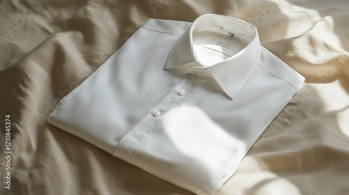 Folded crisp white pinstripe dress shirt on beige fabric.