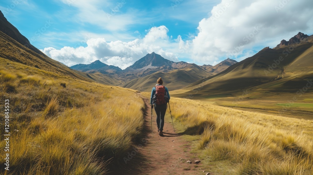 Obraz premium Hiking scene in Vinicunca, Cusco Region, Peru. Rainbow Mountain