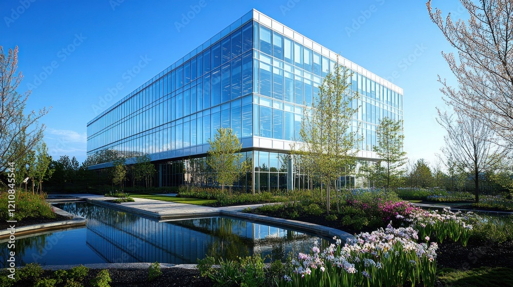 Obraz premium Modern glass office building, spring landscaping, sunny day, corporate campus