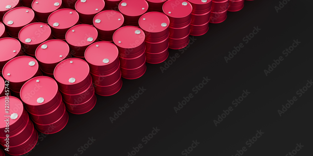 Top view on rows of red metal oil barrels on black background with place for text on right. Oil industry concept. 3d render illustration Top view on rows of red metal oil barrels on black background with place for text on right. Oil industry concept. 3d render illustration