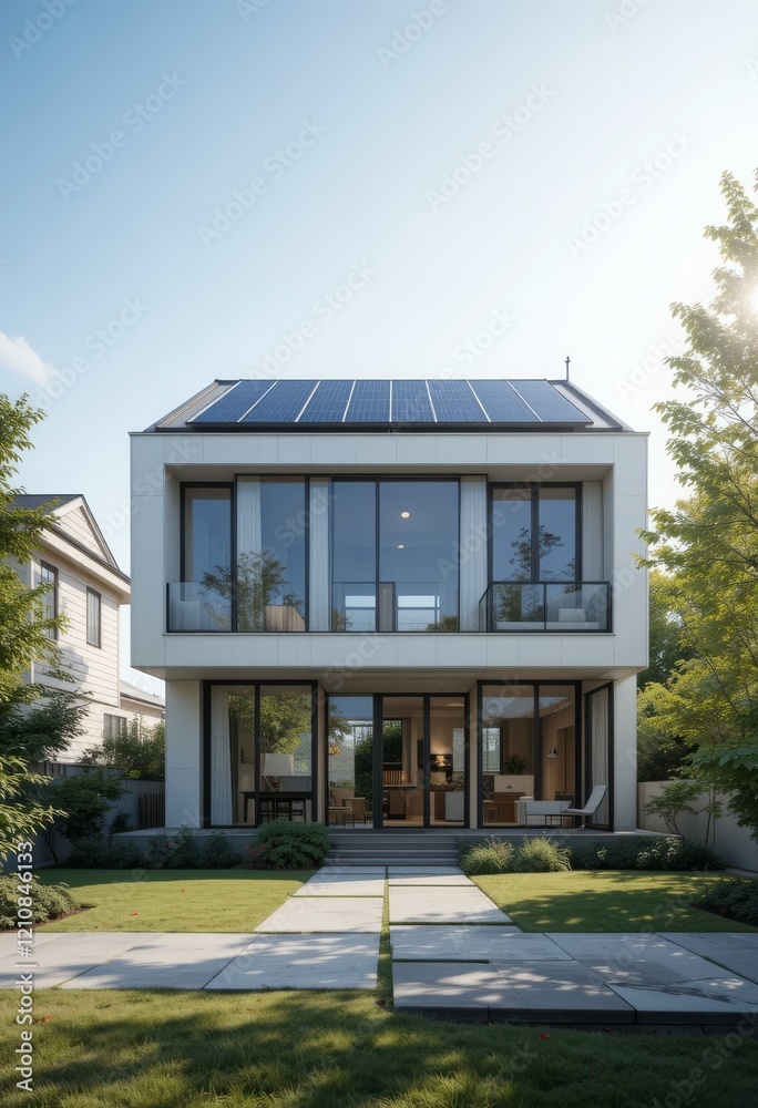 Fototapeta premium Solar-powered modern house with transparent panel windows Generative AI
