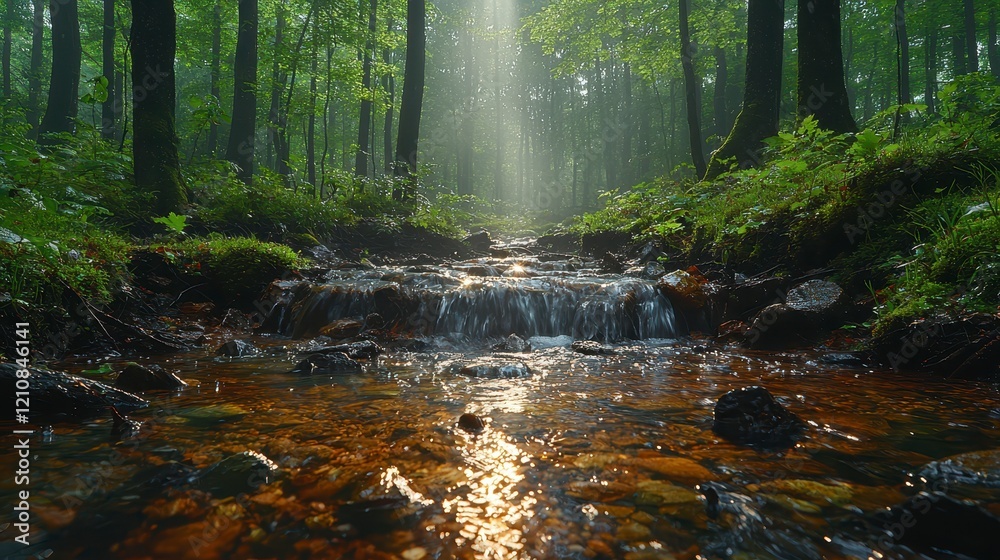 Obraz premium Sunlit stream flows through misty green forest.