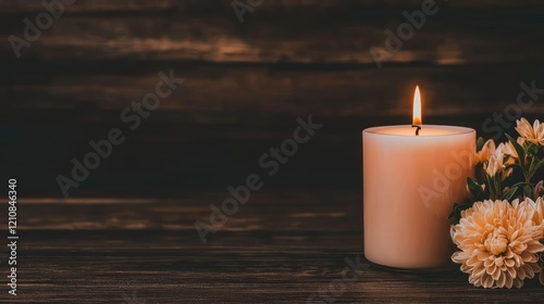 Lit candle with flowers, wooden background, remembrance, sympathy card