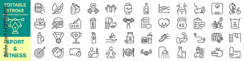 Sport and fitness Icon set. Editable stroke. Linear style.
