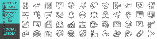 Social media and communication icon set. Editable stroke. Linear style.