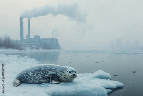 Seal resting on ice floe in Songhua River amidst industrial haze and snowy landscape photo