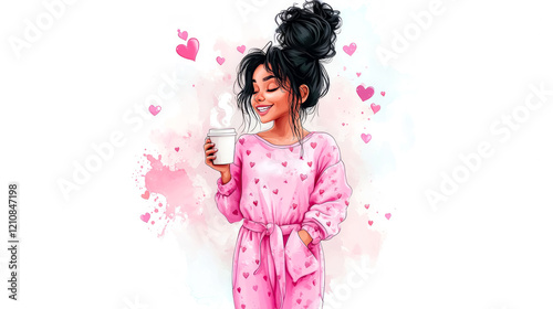 Beautiful teenager in cozy pink pajamas enjoying coffee with a joyful smile, surrounded by colorful hearts in a whimsical setting