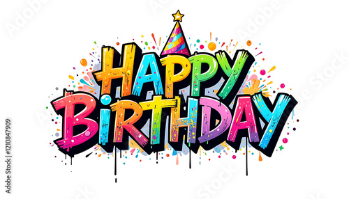 Happy birthday Colorful graffiti style texting with celebration cap on white background