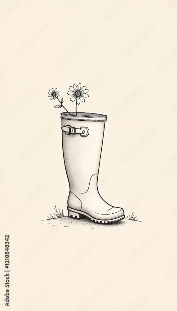Minimalist rain boot with flower, line art on textured beige background Minimalist rain boot with flower, line art on textured beige background