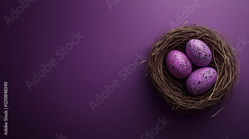 Purple speckled eggs in nest on purple background