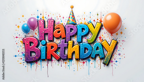 Happy birthday Colorful graffiti style texting with celebration cap on white background