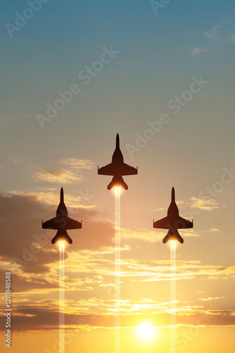 Air Force Day. Aircraft silhouettes on background of sunset. Combat flight of interceptors on a mission. Vertical poster.