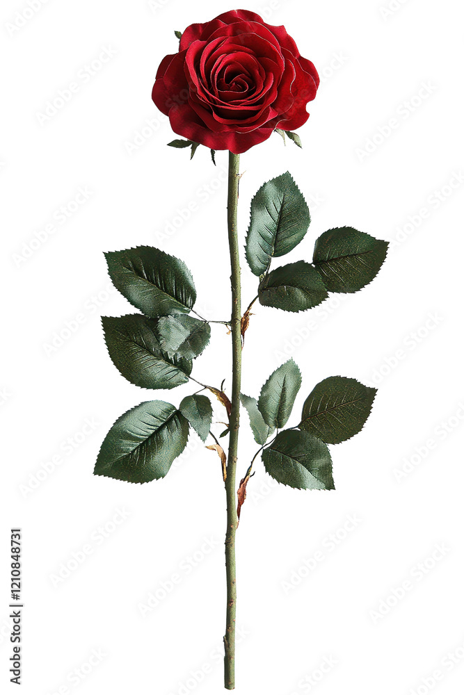 Fototapeta premium Single red rose with long stem and green leaves, romantic floral detail isolated on transparent background.