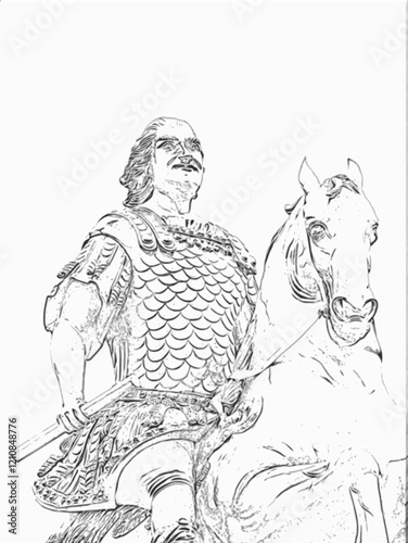 Black and white detail illustration of the Golden Rider or Goldener Reiter, August the Strong, August 2th, Dresden, Saxony, Germany.