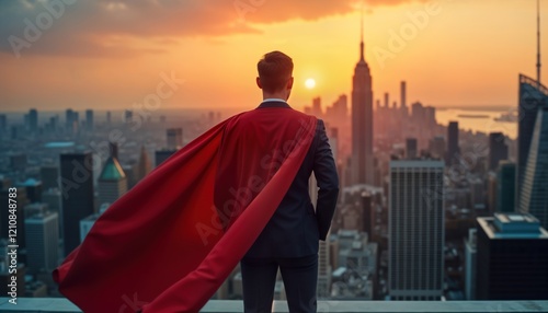 Businessman in suit, red cape stands on rooftop at sunset overlooking city. Leader looks out over city. Heroic, confident pose. Powerful image of success, leadership. Urban skyline. Motivational