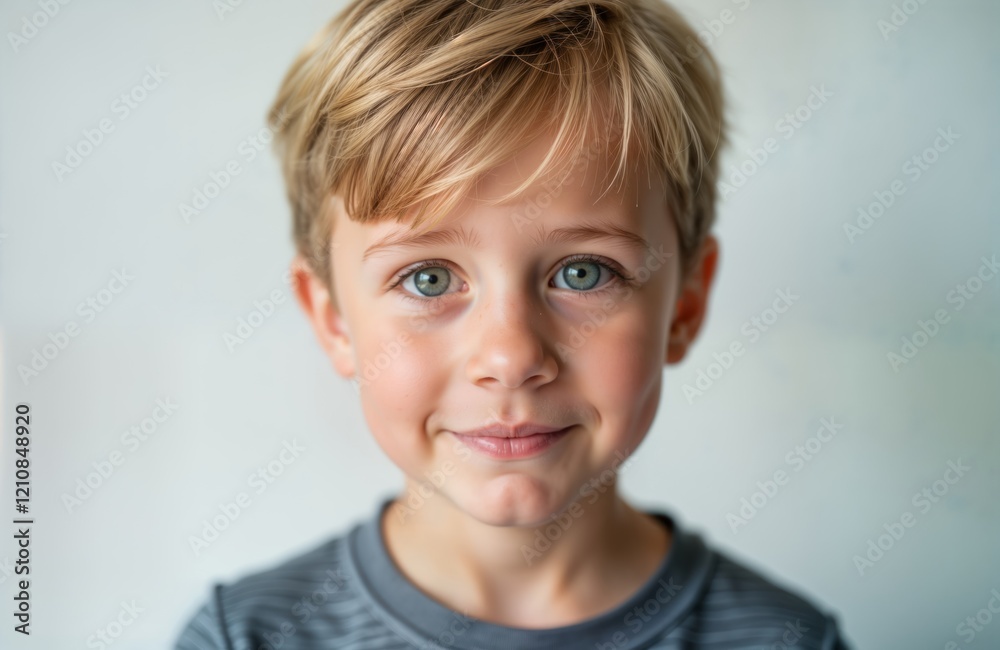 Cute little boy with blond hair, blue eyes looks directly at camera with sweet smile. Portrait style photo. Child looks happy, healthy. Gray background isolates subject for easy use in various Cute little boy with blond hair, blue eyes looks directly at camera with sweet smile. Portrait style photo. Child looks happy, healthy. Gray background isolates subject for easy use in various