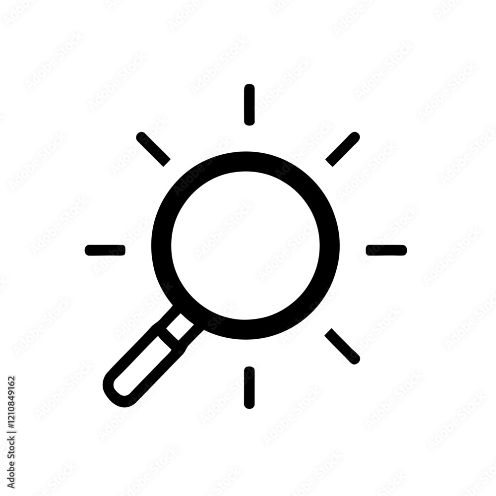 Black line drawing magnifying glass with radiating lines for search and discovery visualization
Black line drawing magnifying glass with radiating lines for search and discovery visualization