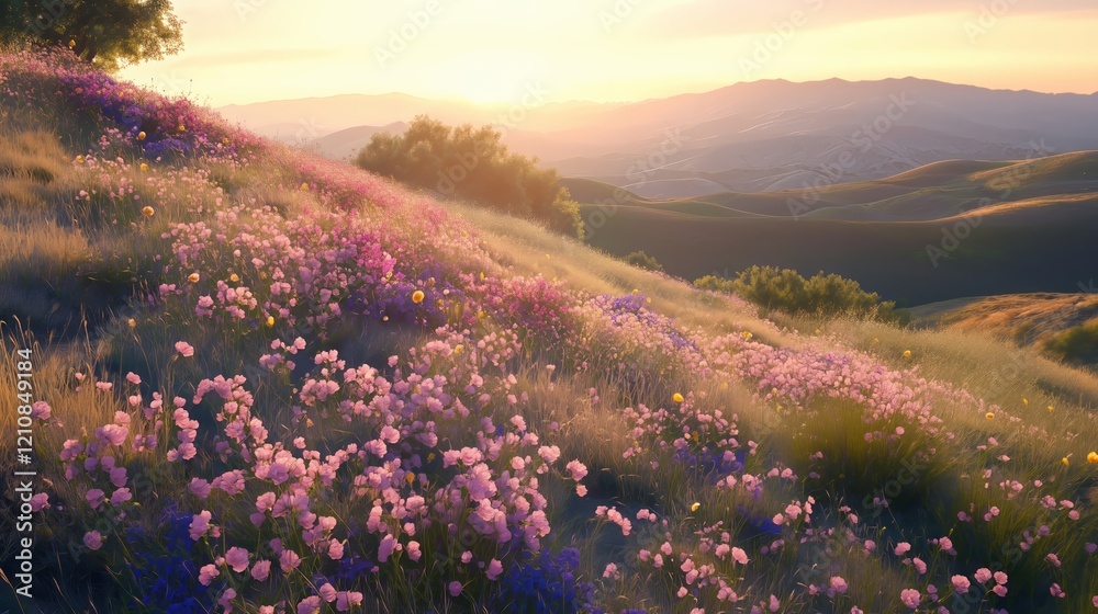 Obraz premium Various flowering plants growing on a hillside, California, USA
