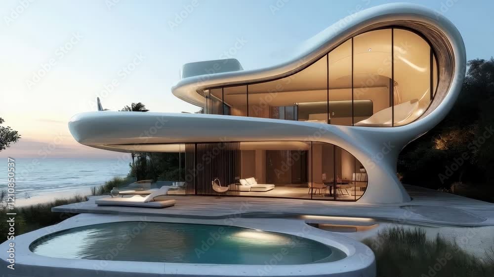 Modern beachfront architectural marvel at sunset with curved glass designs Modern beachfront architectural marvel at sunset with curved glass designs