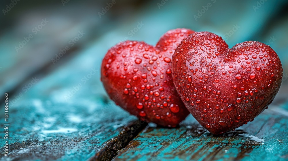 Obraz premium Romantic hearts with water droplets on weathered wood