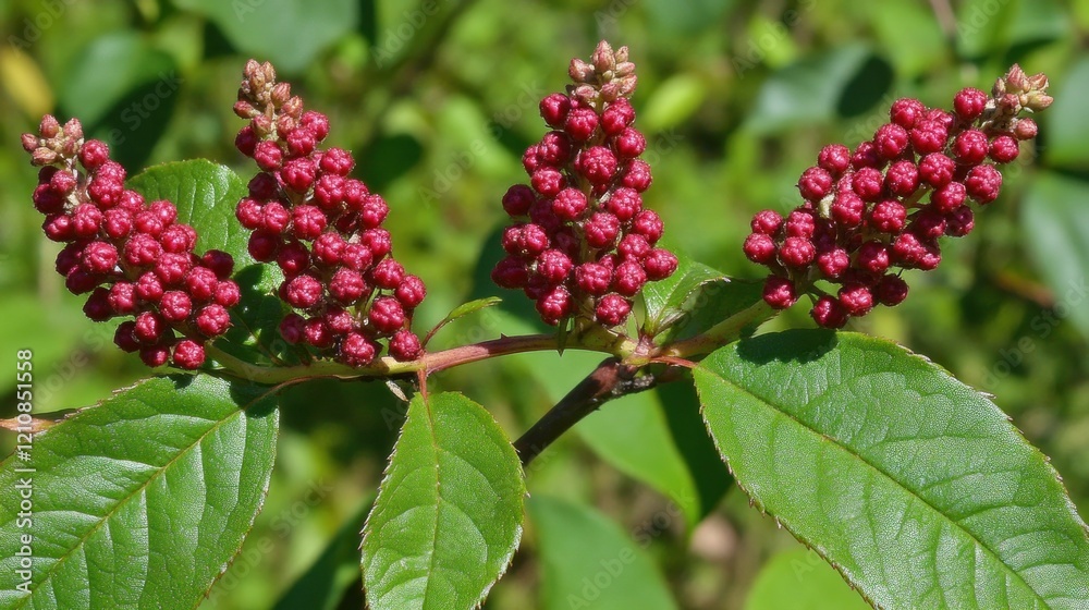 Close-up of three vibrant red flower buds on a green leafy branch. Close-up of three vibrant red flower buds on a green leafy branch.