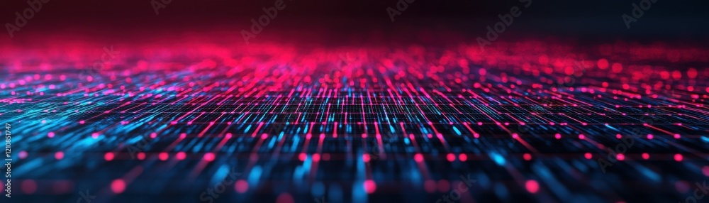 Fototapeta premium Abstract digital landscape showcasing vibrant particles and waves in red and blue tones, representing data flow and connectivity.
