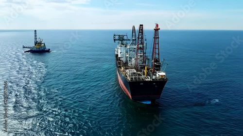 A large ship equipped for offshore operations in calm waters.