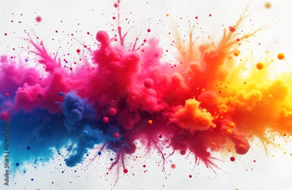 Vibrant colors explode in mesmerizing burst. Neon pigments splash, mix in motion creating vibrant pattern. Abstract illustration with glowing colors on white background. Colorful ink spray, powerful,