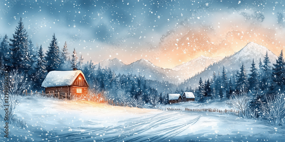 A painting of a snowy landscape with a cabin in the distance. The cabin is surrounded by trees and the sky is filled with stars. The mood of the painting is peaceful and serene A painting of a snowy landscape with a cabin in the distance. The cabin is surrounded by trees and the sky is filled with stars. The mood of the painting is peaceful and serene