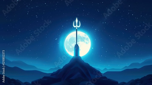 Celebrate Maha Shivratri with a serene illustration of the lingam and trident illuminated by a full moon. photo