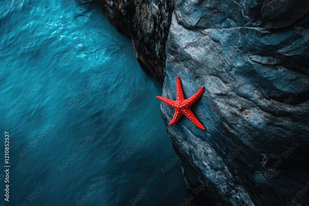 A vibrant red starfish clings to a dark, wet rock beside a deep blue ocean.