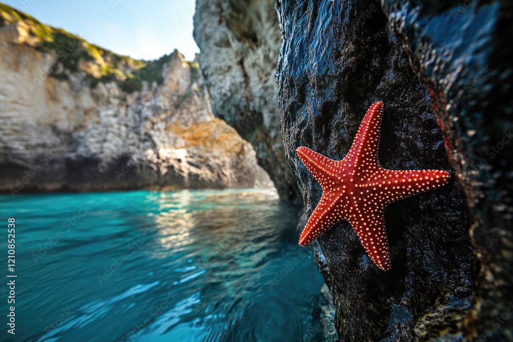 A vibrant red starfish clings to a dark rock in a crystal-clear turquoise cove. A vibrant red starfish clings to a dark rock in a crystal-clear turquoise cove.