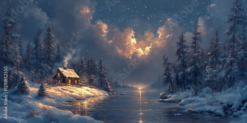A painting of a snowy landscape with a cabin in the distance. The cabin is surrounded by trees and the sky is filled with stars. The mood of the painting is peaceful and serene