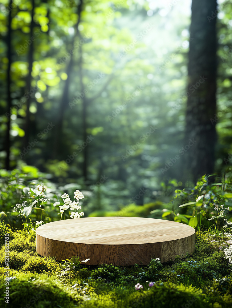 Wooden podium pedestal surrounded by lush green forest with soft natural light and flowers Wooden podium pedestal surrounded by lush green forest with soft natural light and flowers