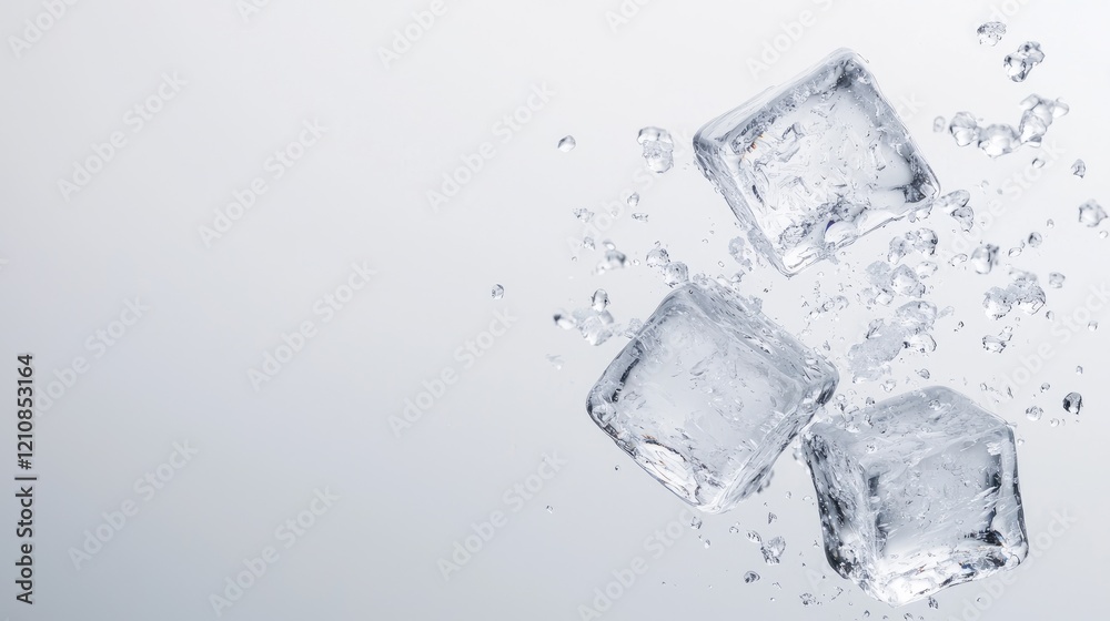 Falling ice cubes in water, refreshing drink concept, studio shot, website banner Falling ice cubes in water, refreshing drink concept, studio shot, website banner